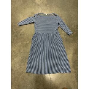 Boden Janie Stripe A-Line Dress Navy Grey Pockets 3/4 Sleeves Size 10L Women's